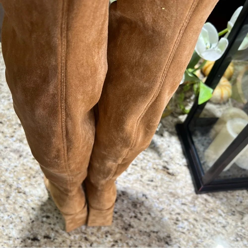Cape Robbin Tan Over The Knee Pointed Heel Triangle Block Heel 8.5